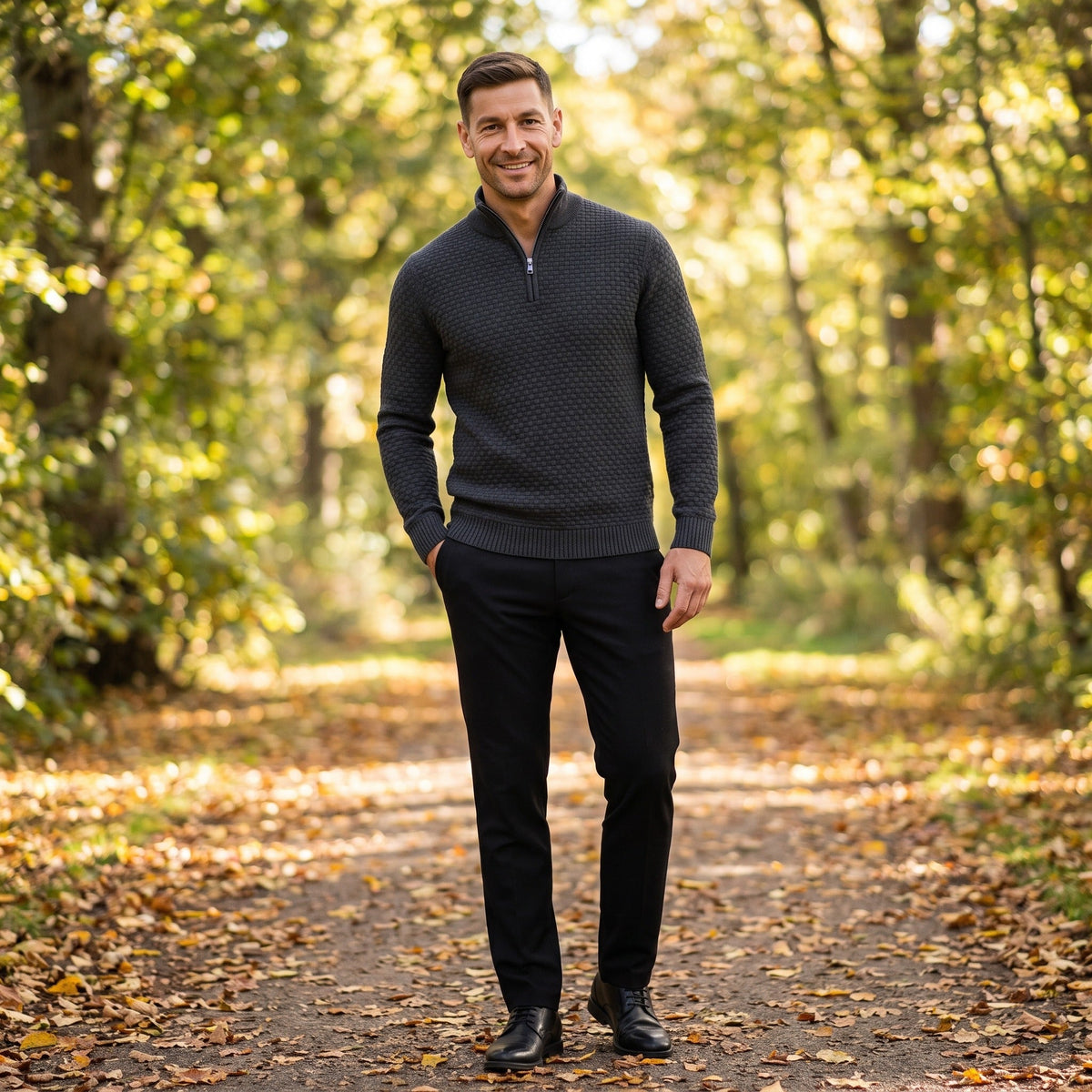 Man wearing charcoal waffle-knit quarter-zip jumper with black trousers outdoors | Chaps London