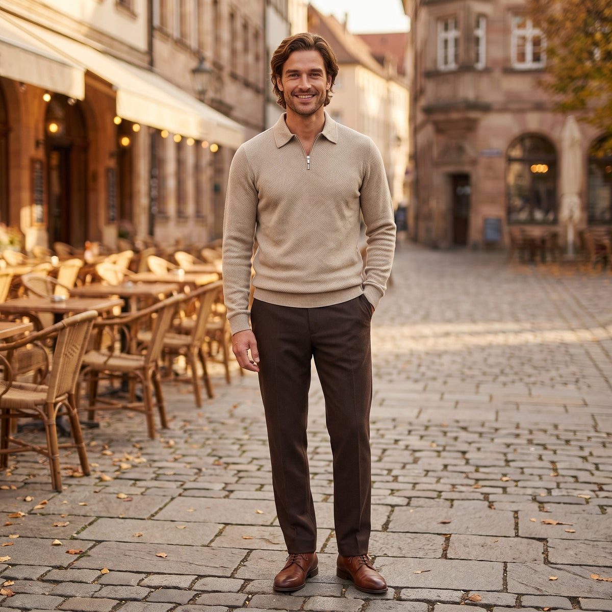 Man wearing beige half-zip knit sweater with brown trousers outdoors | Chaps London