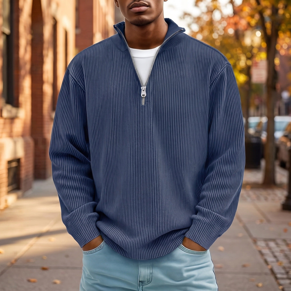 Man wearing navy blue ribbed knit half zip sweater outdoors | Chaps London
