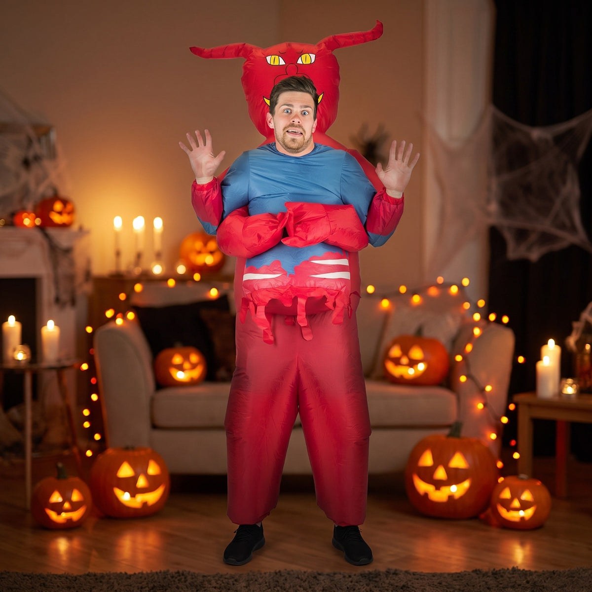 Man wearing inflatable red devil costume with horns in spooky room | Chaps London