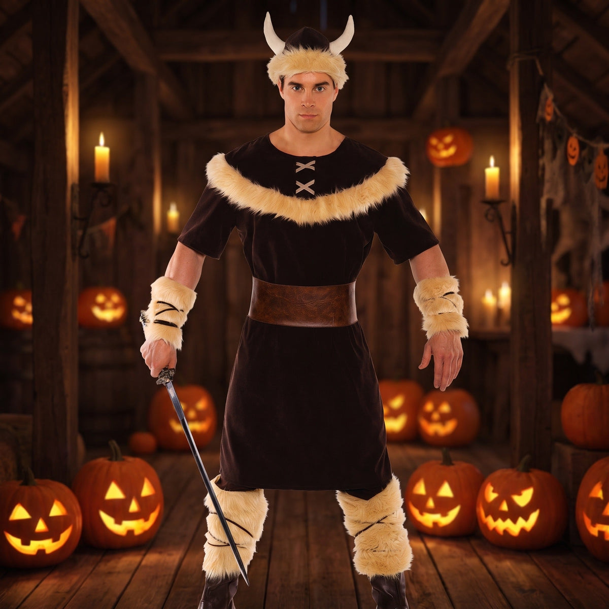 Man wearing brown Viking tunic costume with horned hat, holding sword | Chaps London