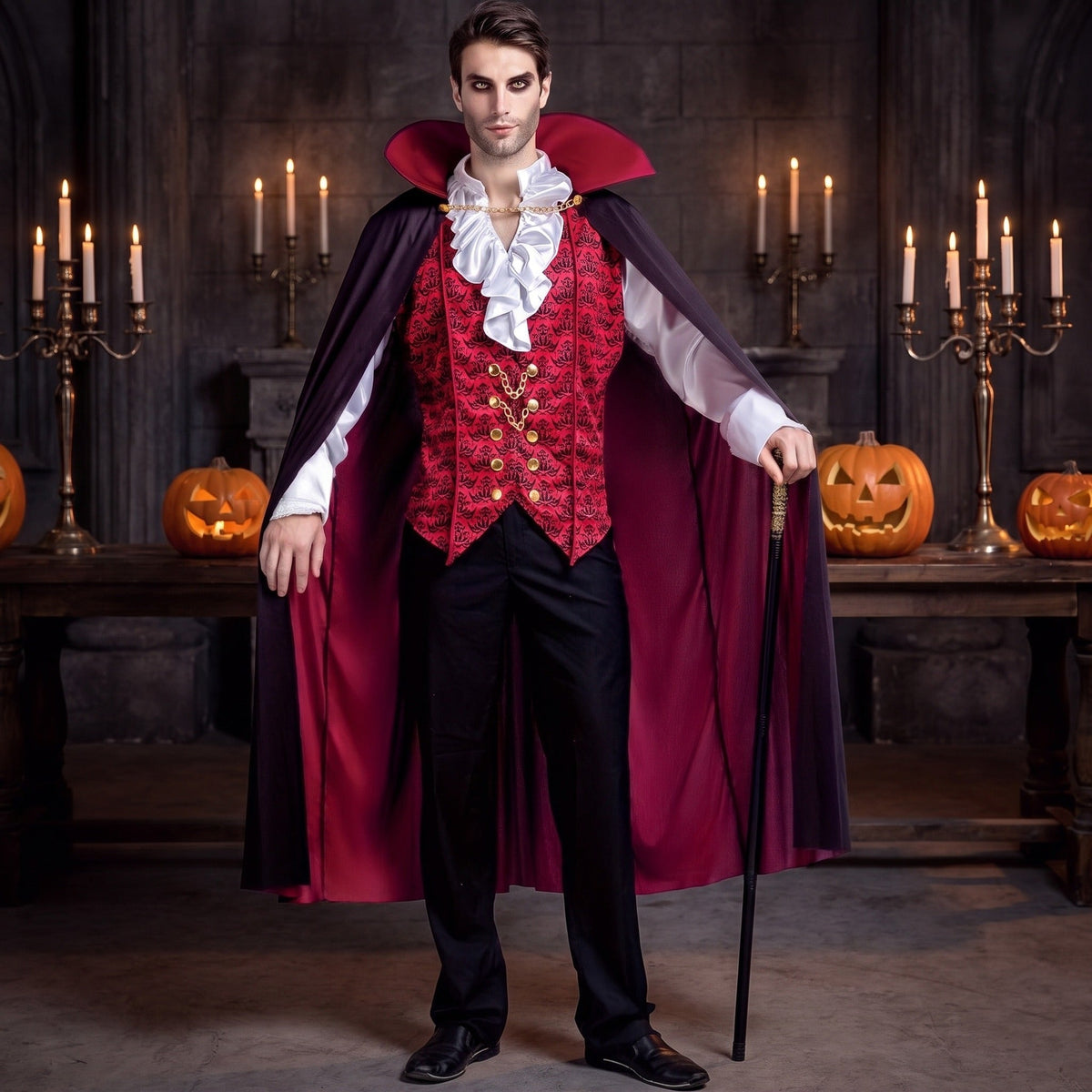 Man wearing red vampire costume with cape and ruffled shirt | Chaps London