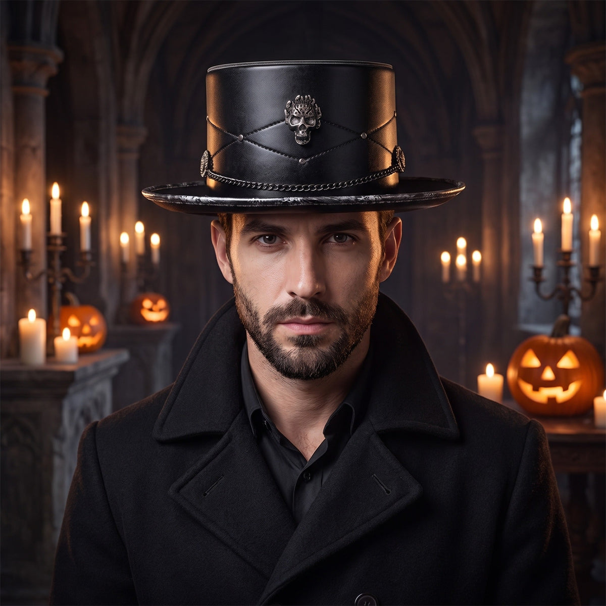 Black gothic top hat with skull emblem, chain, and studs, worn by man | Chaps London