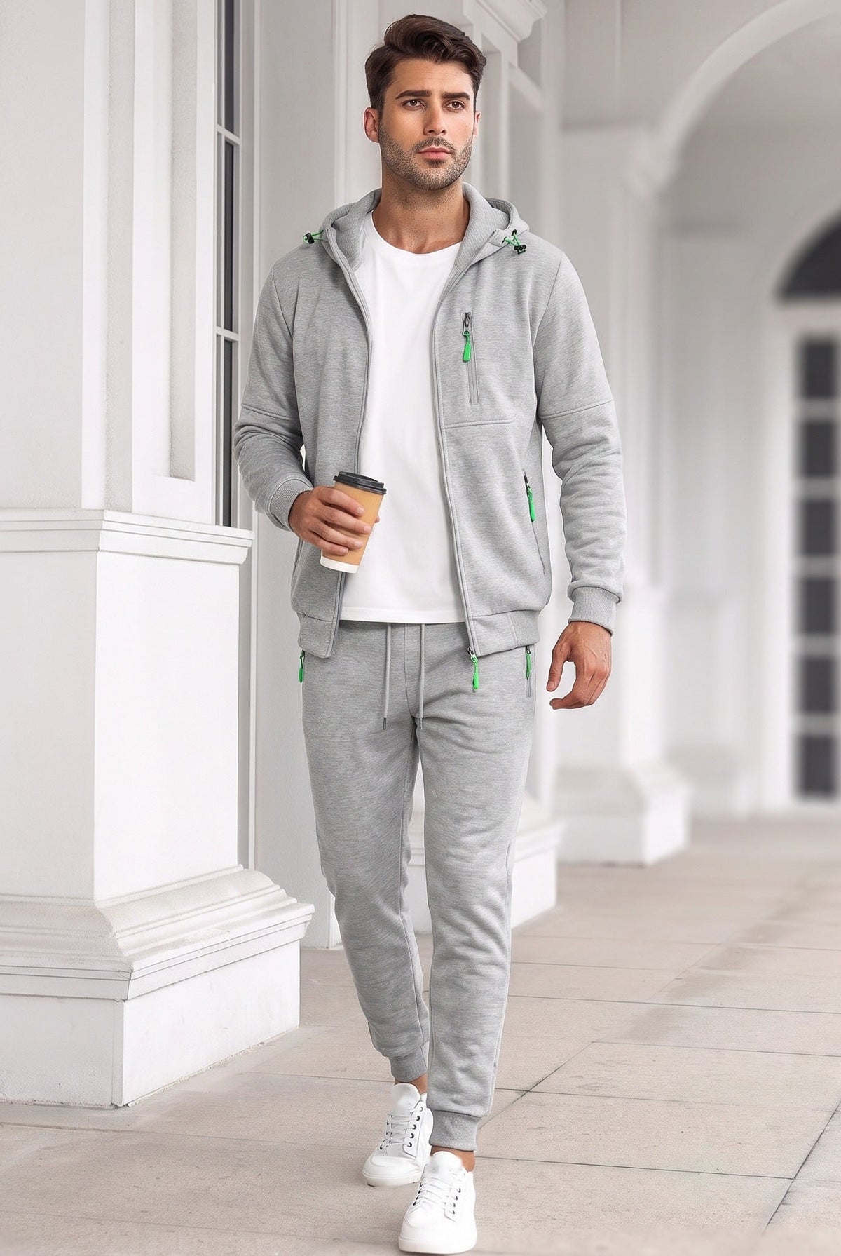 Man wearing grey zip hoodie and matching jogger tracksuit outdoors | Chaps London