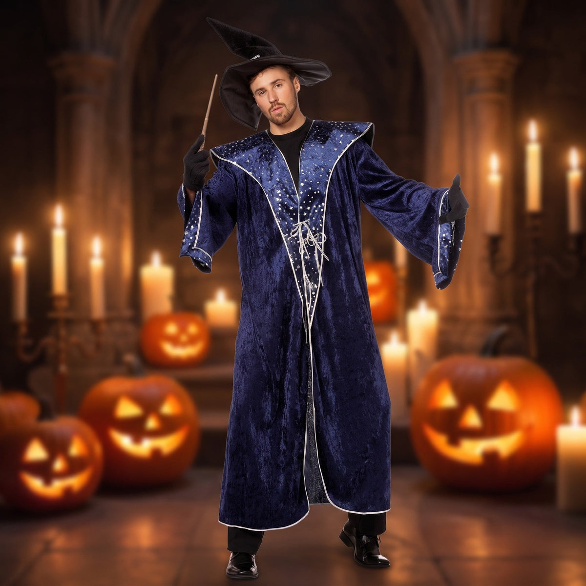 Man wearing navy blue velvet wizard robe with pointed hat and wand | Chaps London