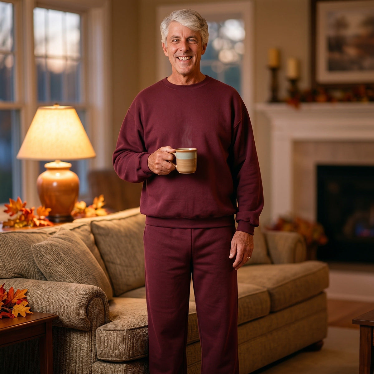 Man wearing maroon tracksuit sweatshirt and joggers, holding coffee mug indoors | Chaps London
