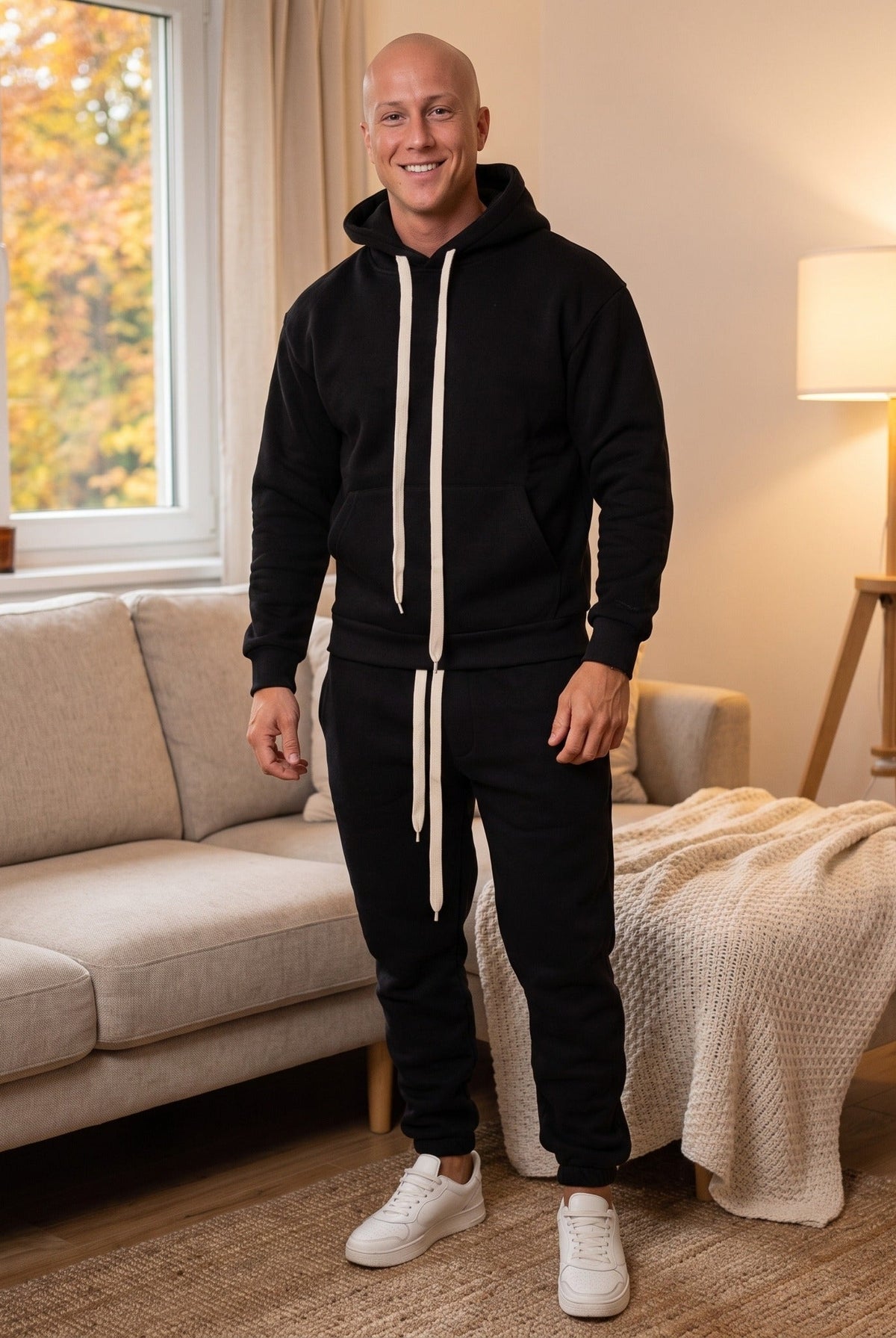 Man wearing black hoodie and joggers tracksuit in living room | Chaps London
