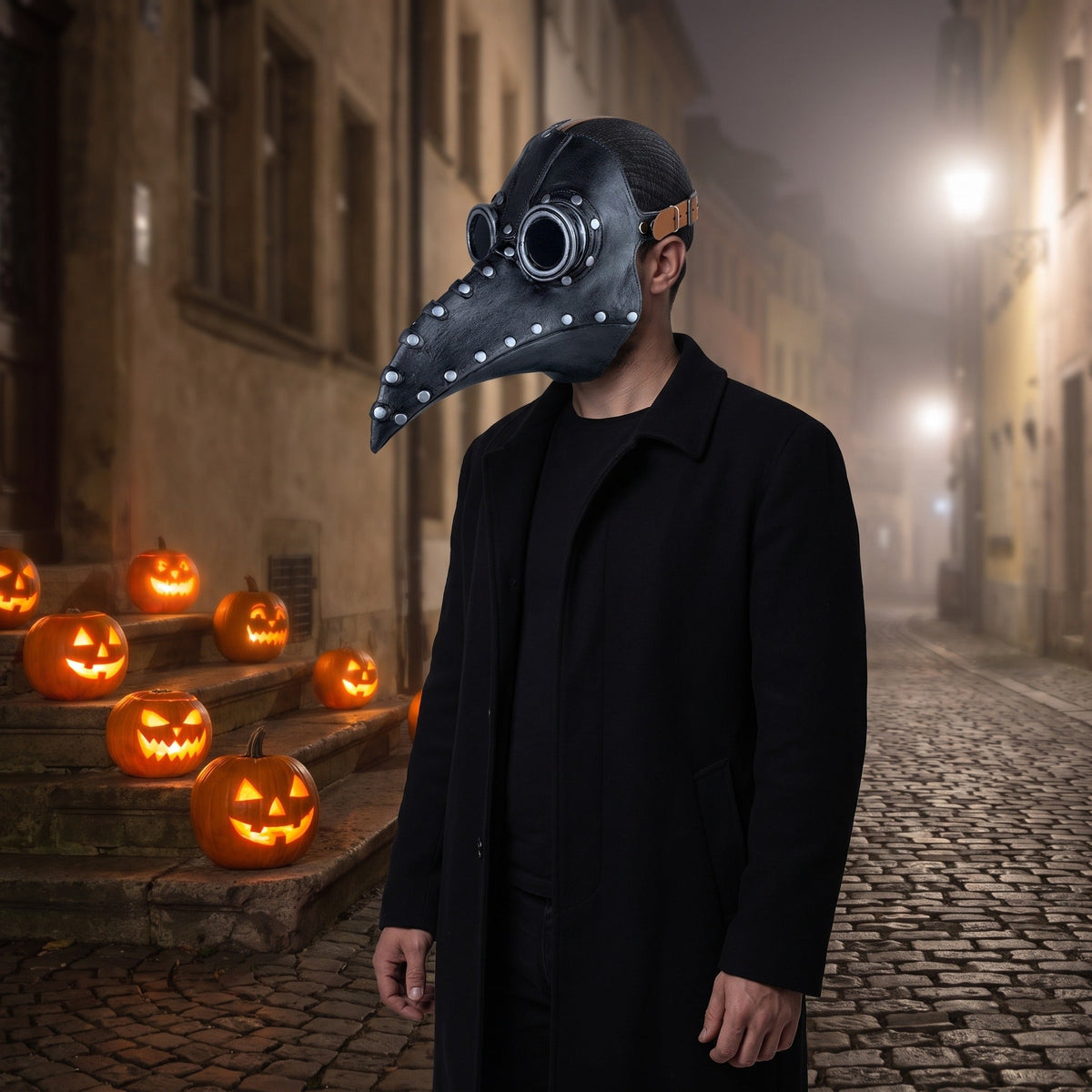 Man wearing black riveted plague doctor mask with goggle eyes, dark coat | Chaps London