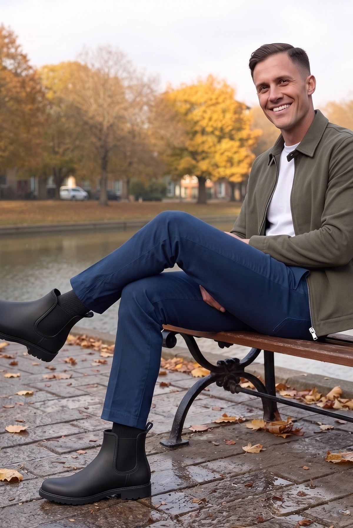 Man sitting on a bench by a canal wearing black Chelsea wellies