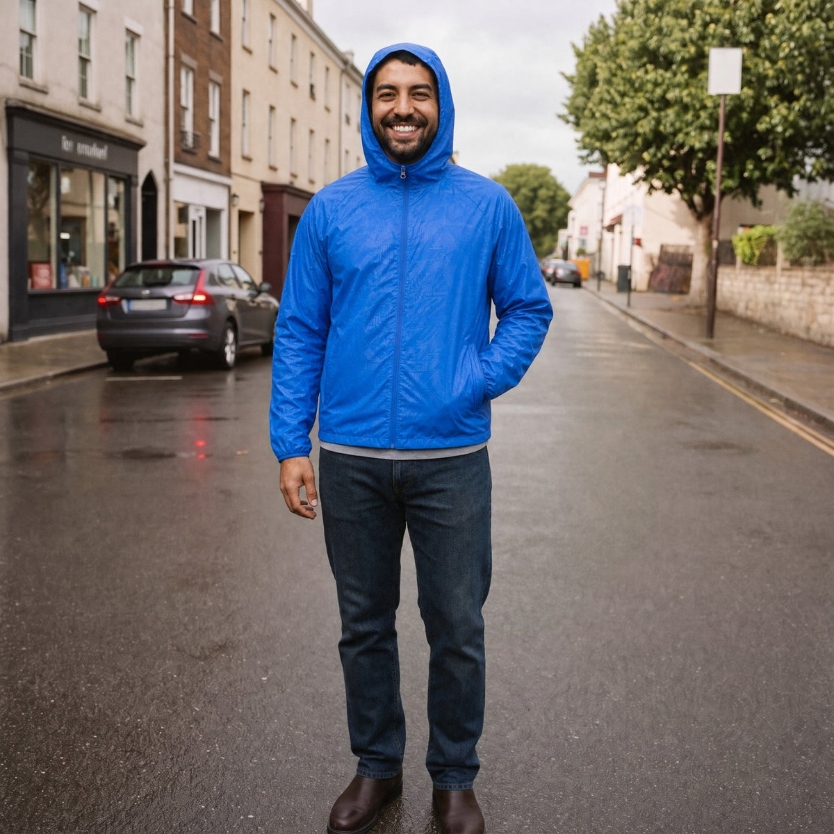 Man wearing blue hooded windbreaker jacket with dark jeans on street | Chaps London