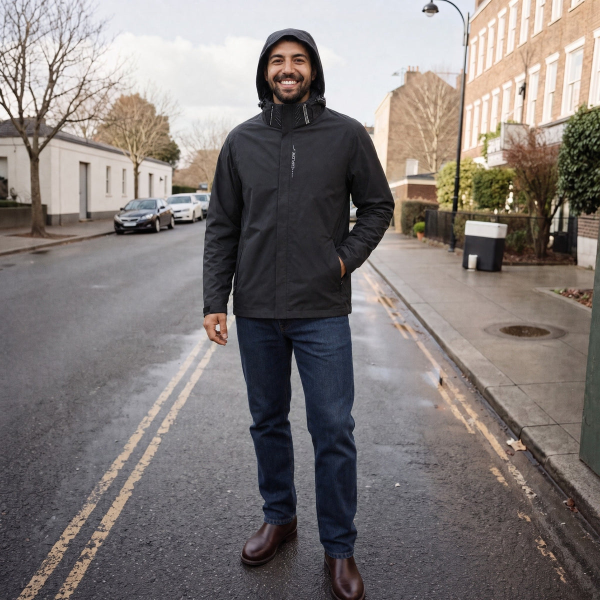 Man wearing black hooded waterproof jacket with jeans on street | Chaps London