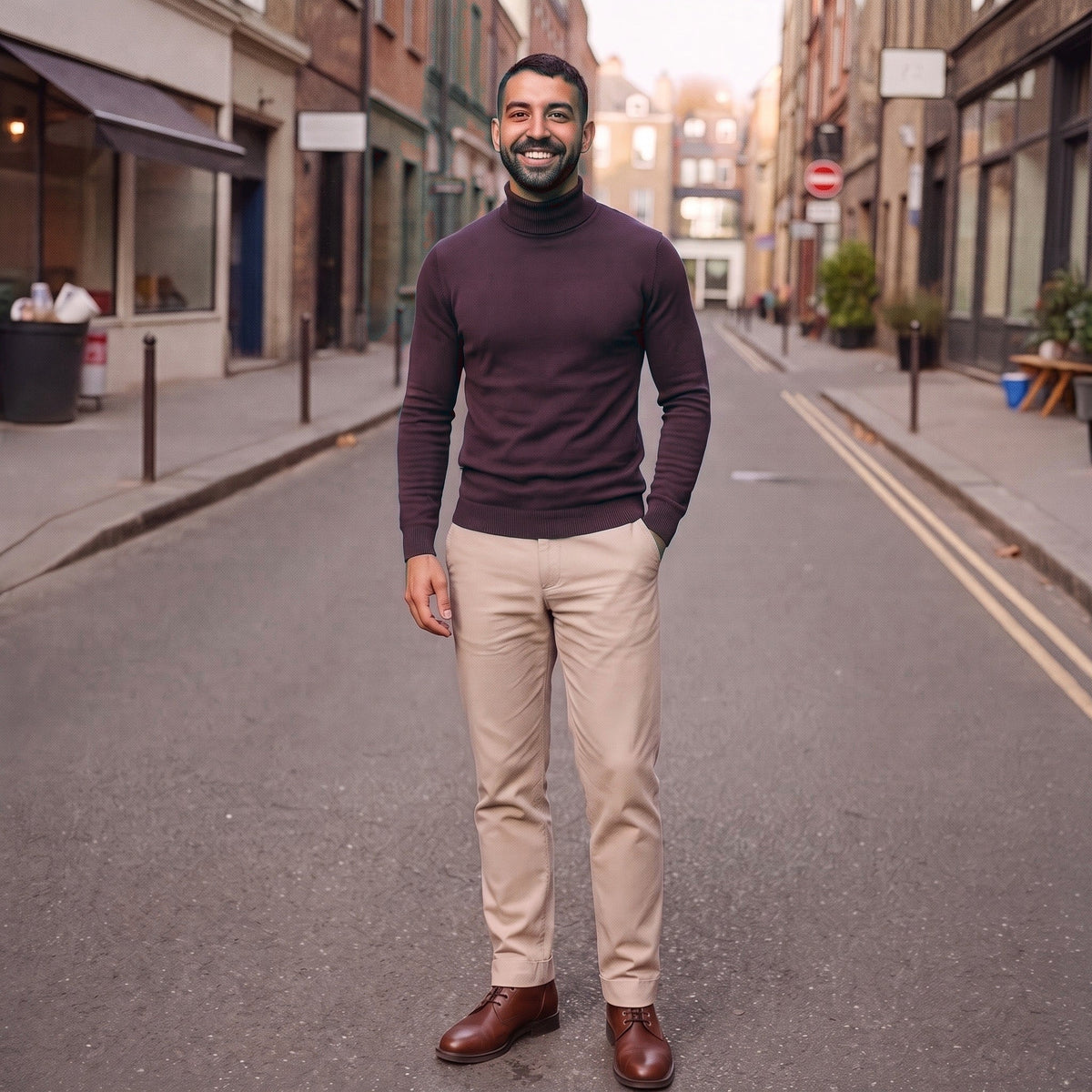 Man wearing dark plum turtleneck sweater with tan chinos on street | Chaps London