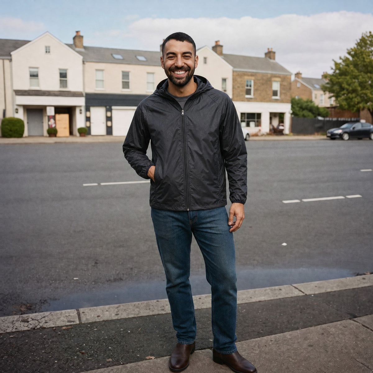Man wearing black hooded jacket with jeans, standing on street | Chaps London
