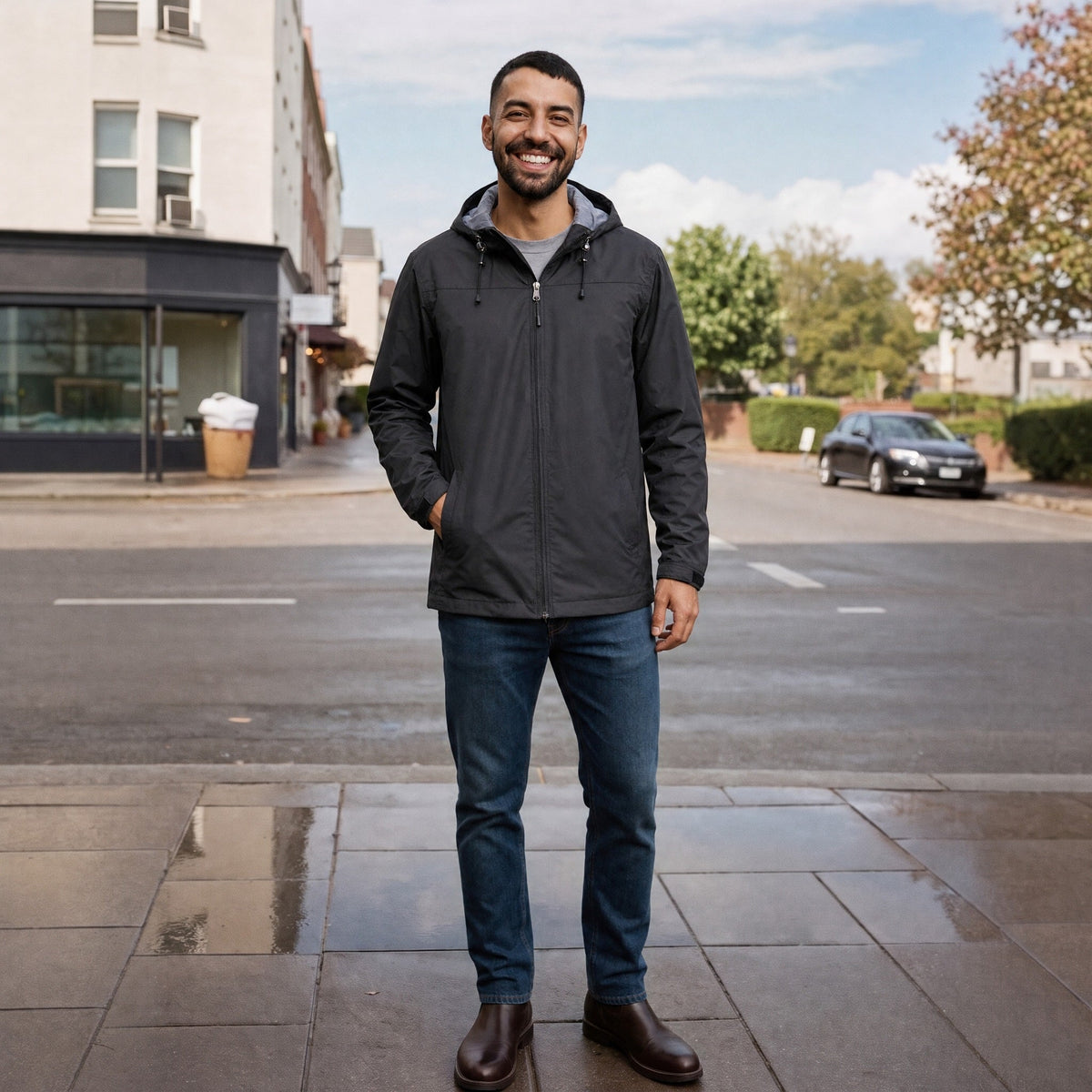 Man wearing dark grey hooded jacket with jeans on city street | Chaps London