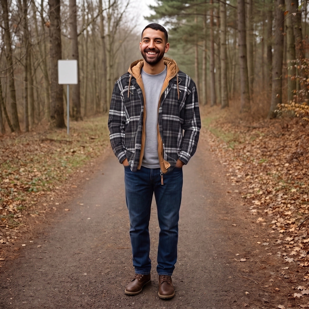 Man wearing gray plaid hooded shirt jacket with jeans outdoors | Chaps London