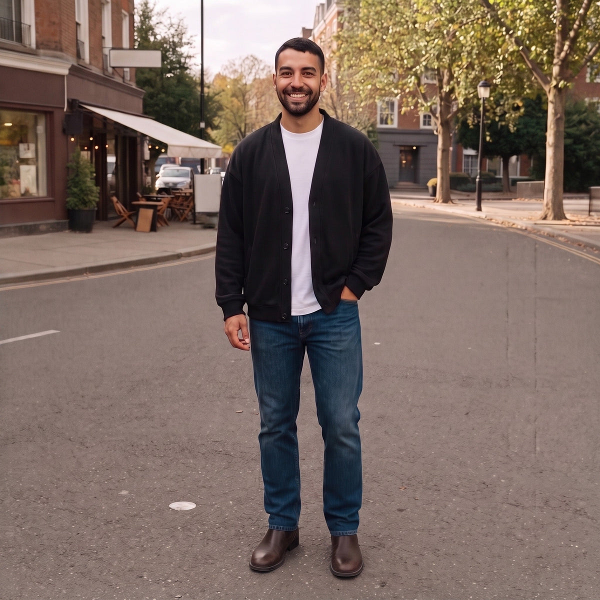Man wearing black button-front cardigan jacket over white t-shirt, jeans, street setting | Chaps London
