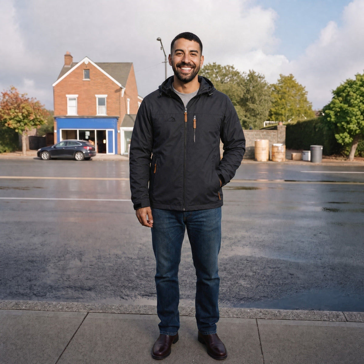 Man wearing black hooded windbreaker jacket with jeans, standing outdoors on sidewalk | Chaps London
