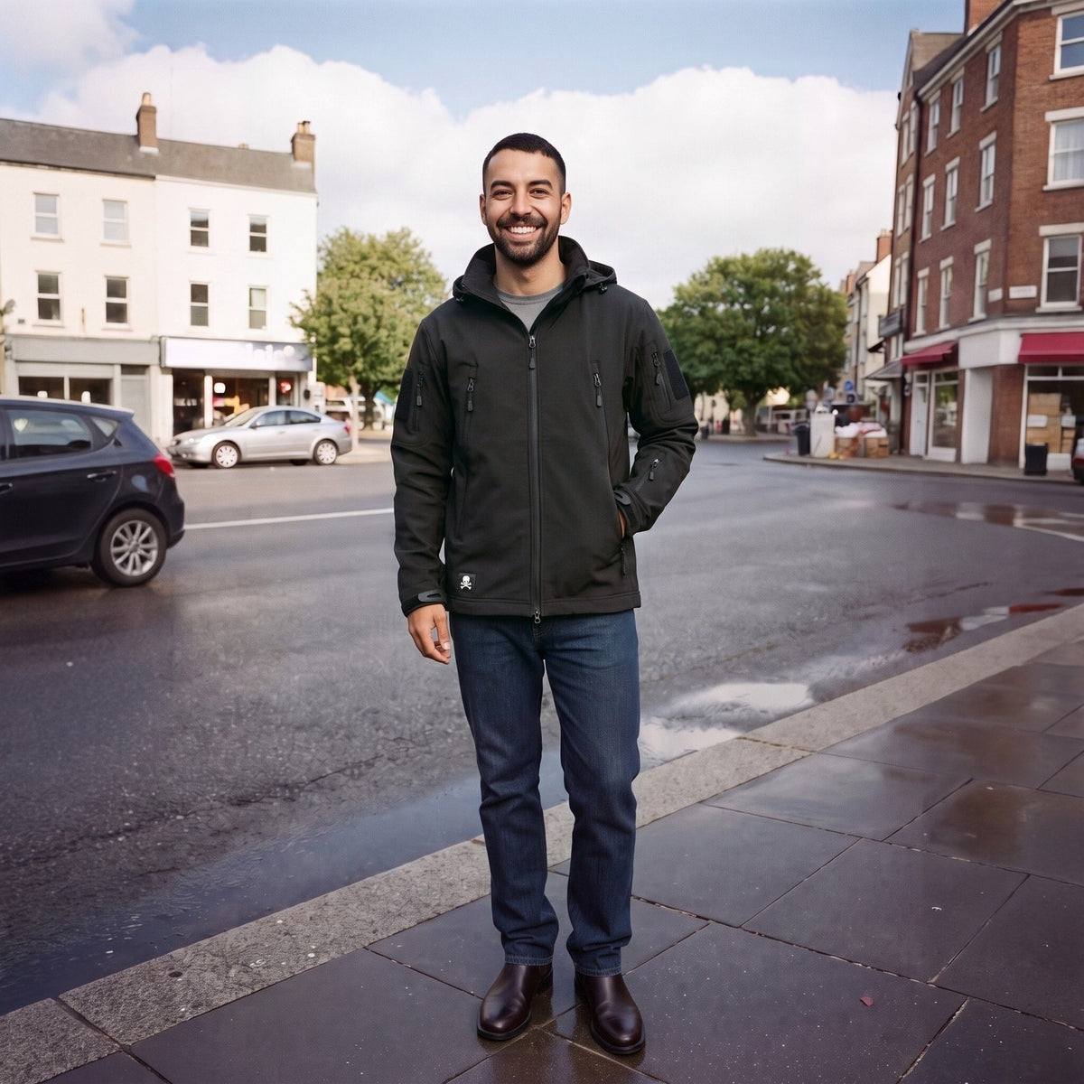 Man wearing dark green hooded softshell jacket with jeans on street | Chaps London