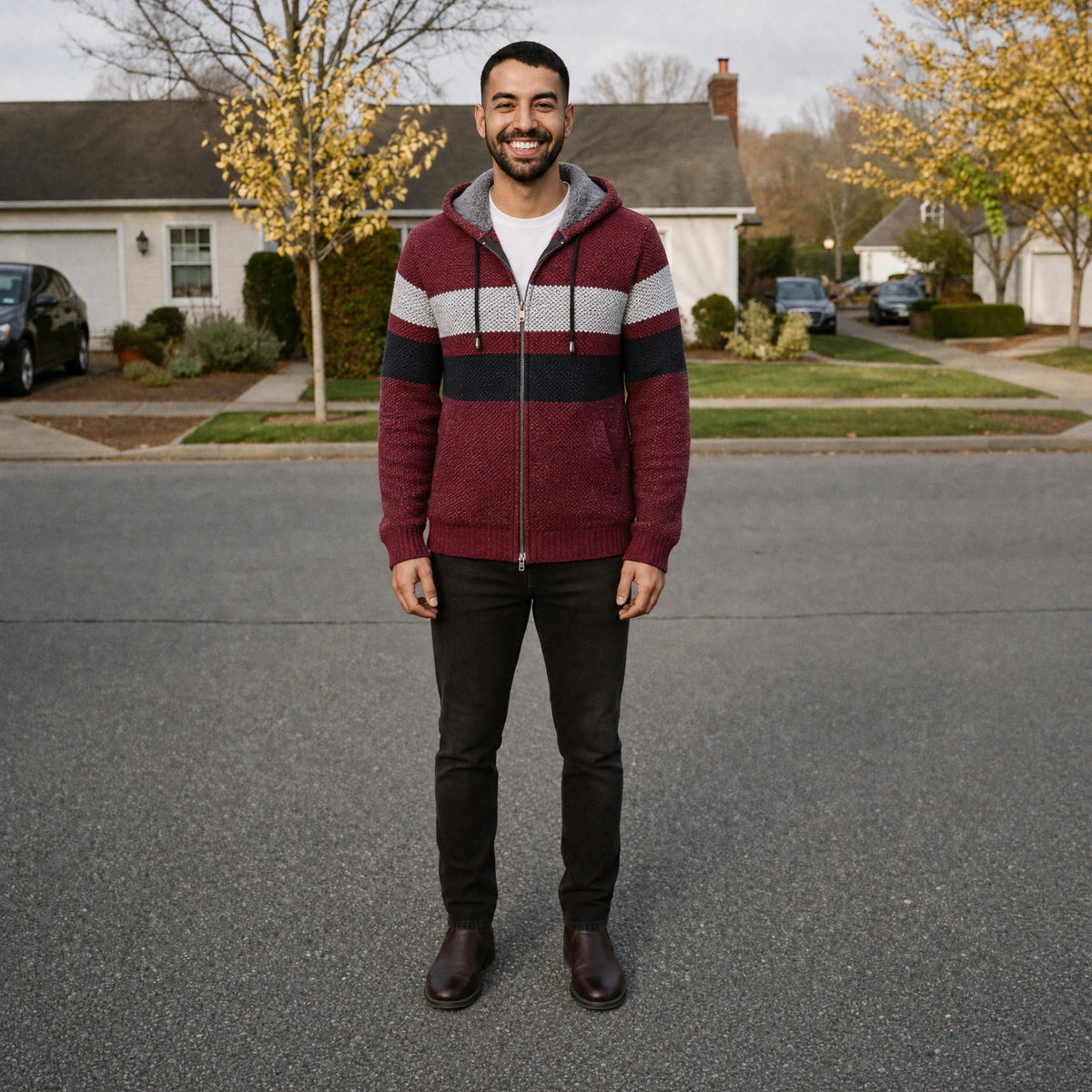 Man wearing burgundy striped zip hoodie with grey lined hood outdoors | Chaps London