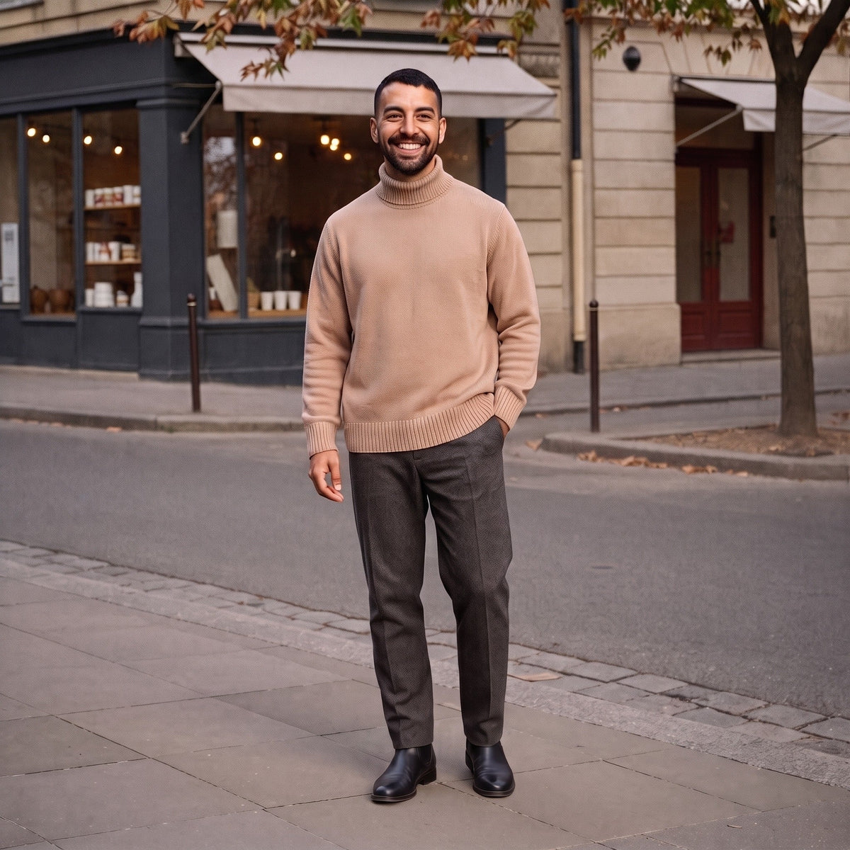 Man wearing beige oversized roll neck jumper with grey trousers on street | Chaps London