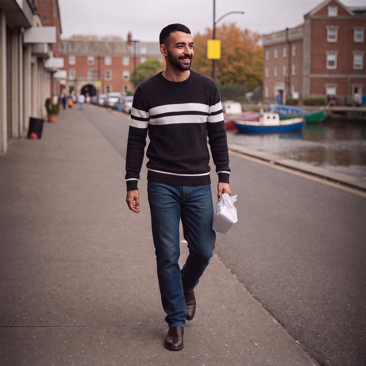Man wearing black striped crew neck jumper with jeans outdoors | Chaps London