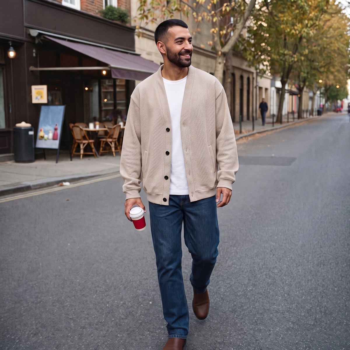 Man wearing beige button-front cardigan, white t-shirt, and dark jeans outdoors | Chaps London