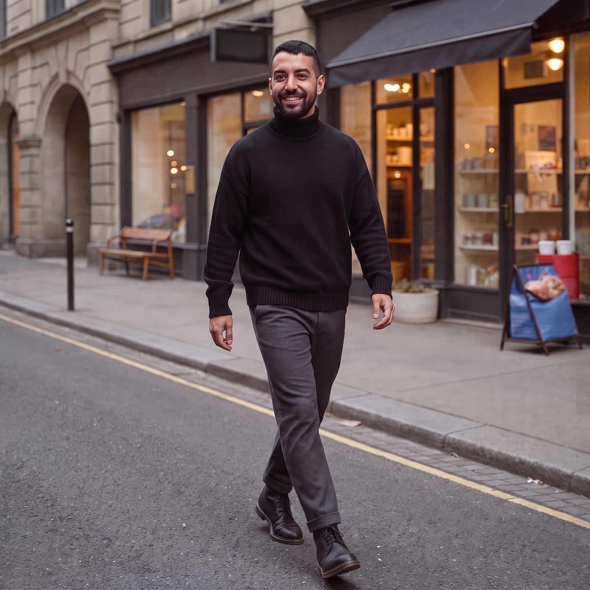 Man wearing black oversized roll neck jumper with grey trousers, walking outdoors | Chaps London