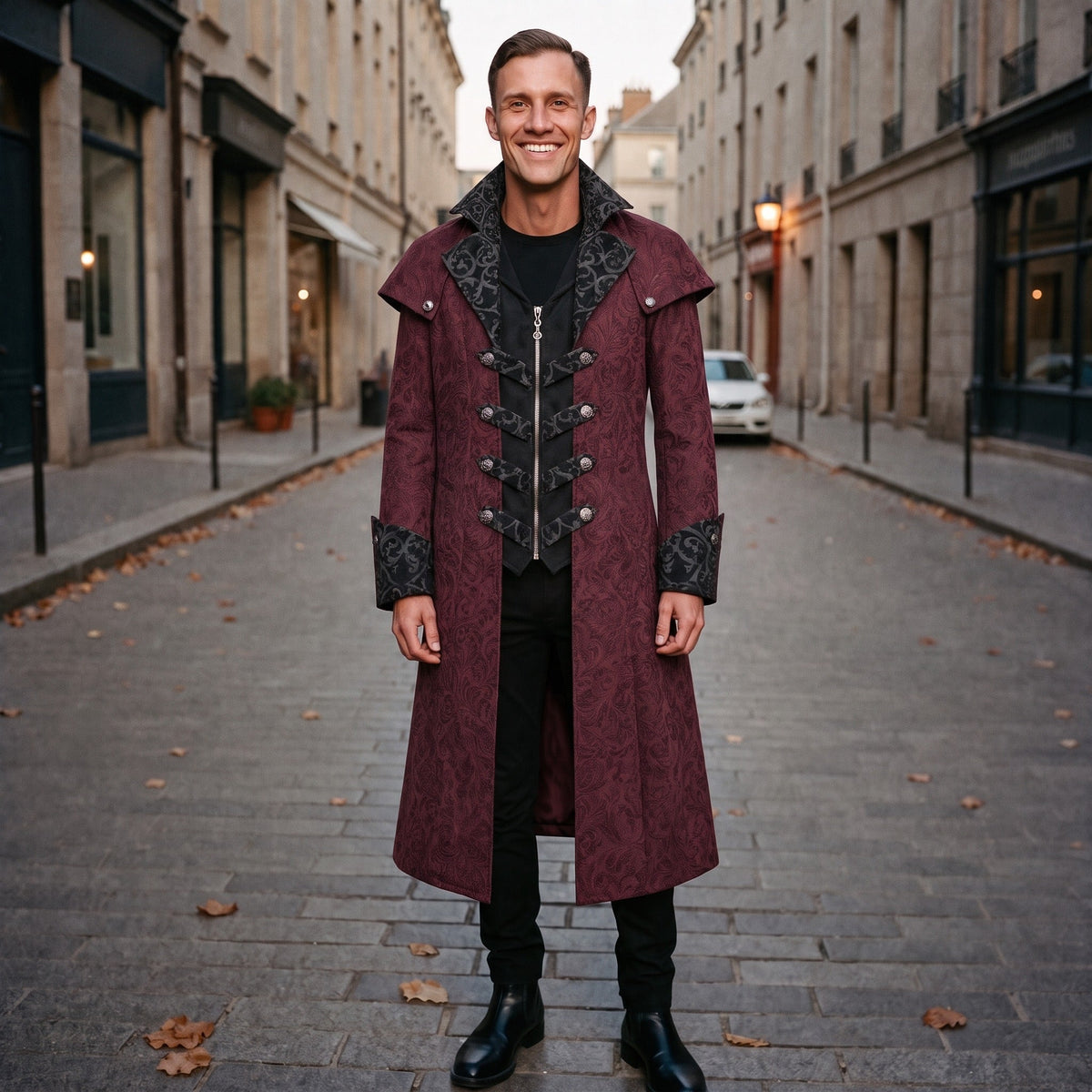 Man wearing burgundy jacquard gothic long coat with black patterned high collar | Chaps London