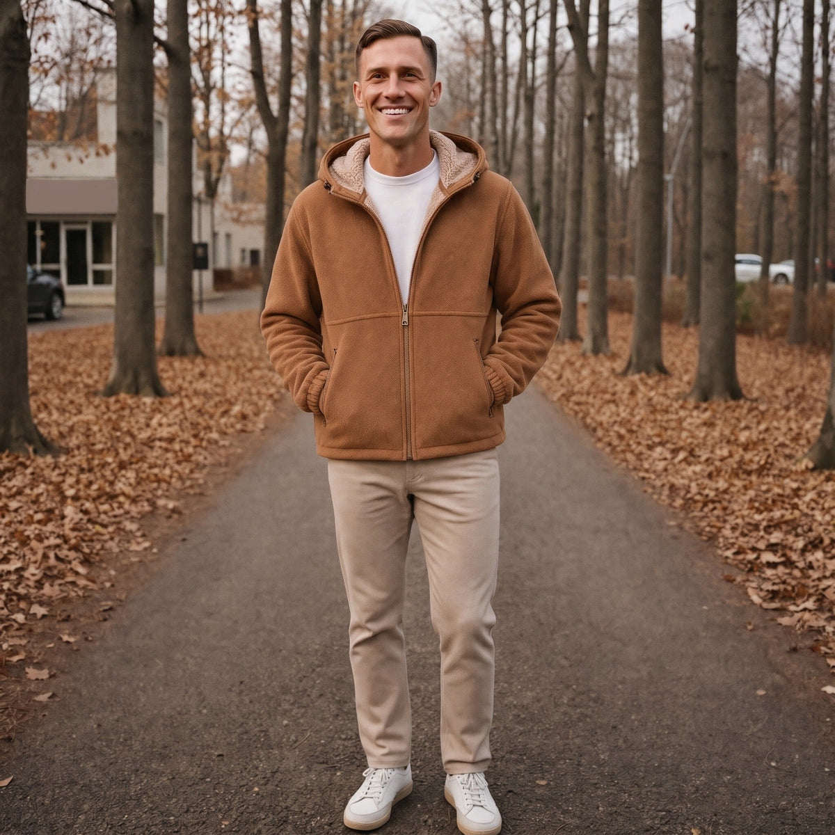 Man wearing camel fleece zip hoodie with hood, tan pants, outdoor path | Chaps London