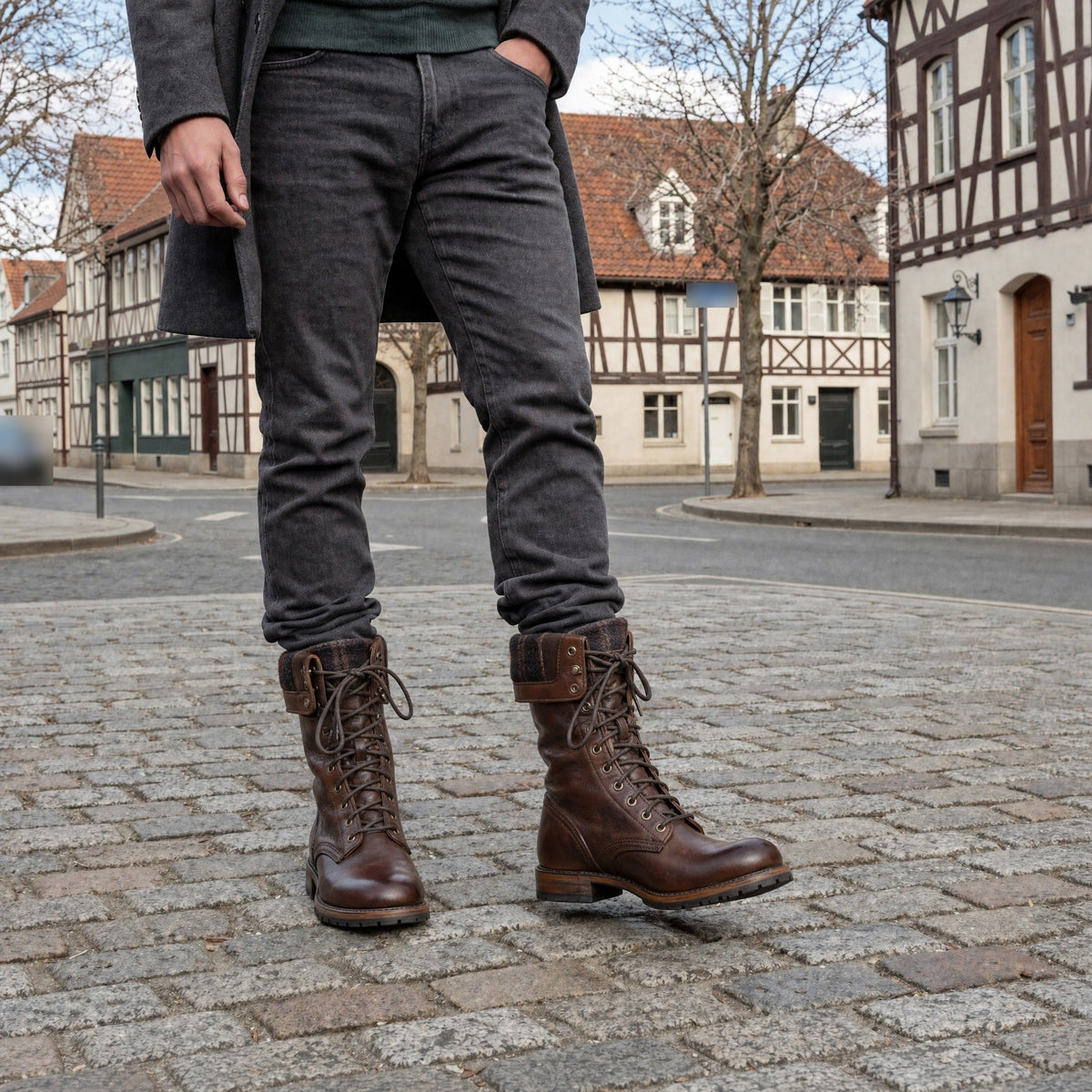Brown lace-up boots worn by person standing on cobblestone street | Chaps London