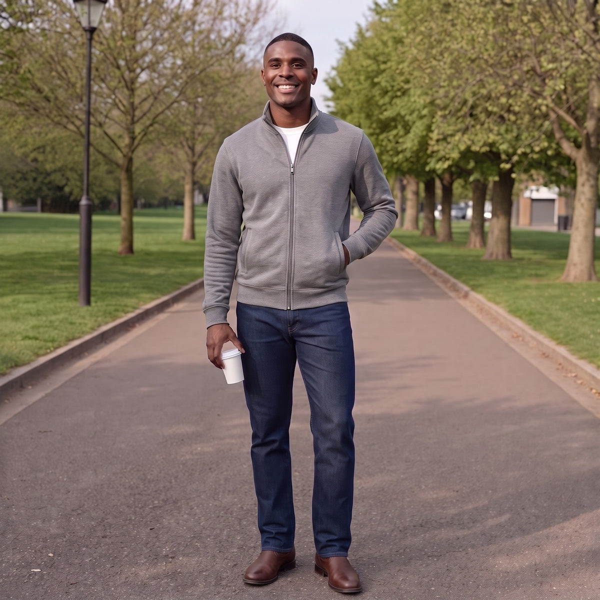 Man wearing gray zip-up jacket with jeans, walking on park pathway | Chaps London