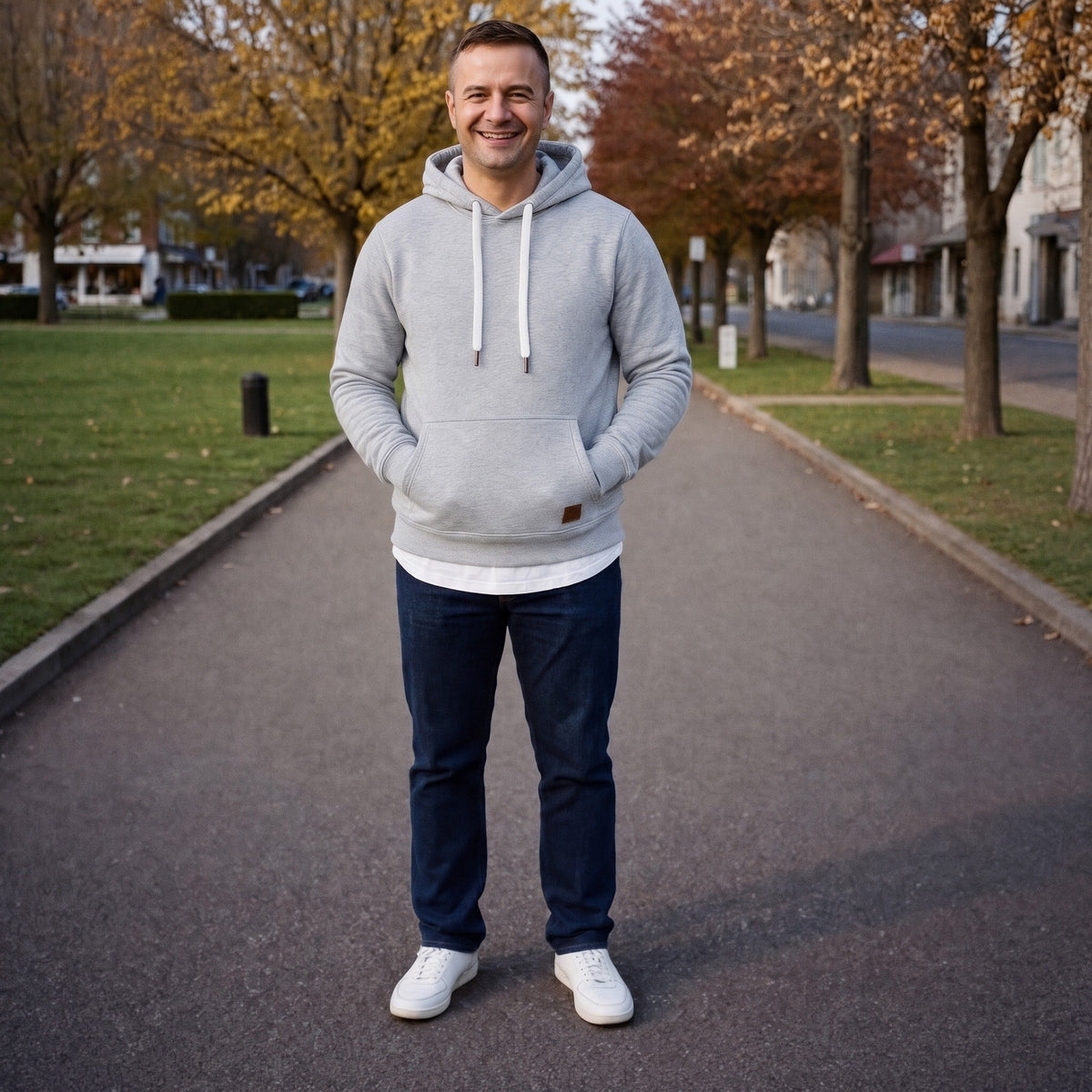 Man wearing grey layered hoodie with jeans, standing outdoors on path | Chaps London