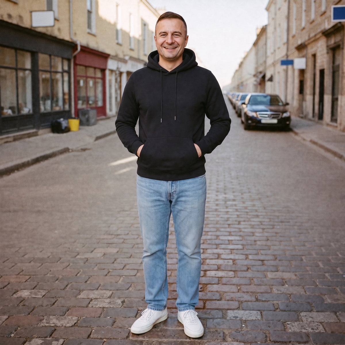 Man wearing black drawstring hoodie with light blue jeans on cobblestone street | Chaps London