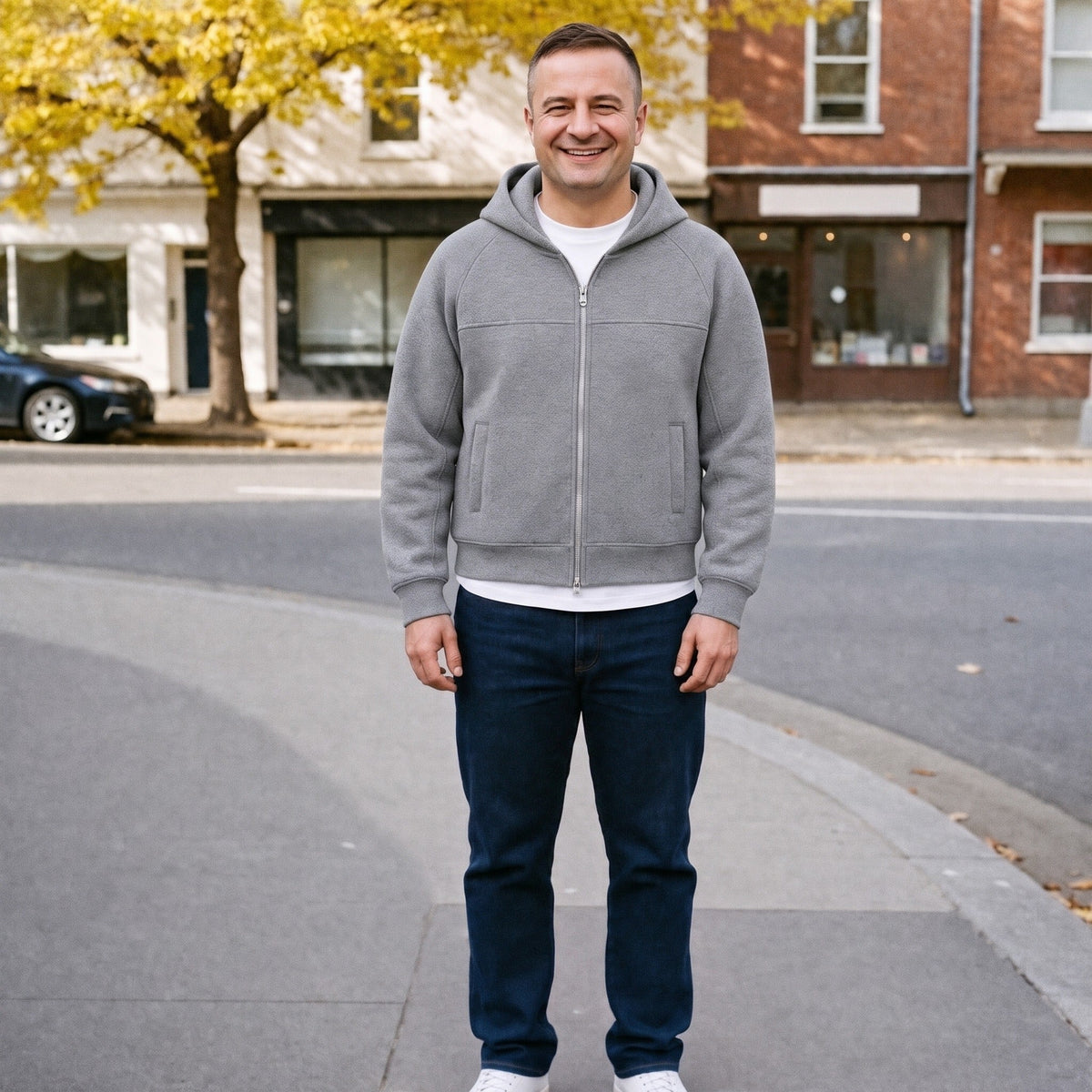 Man wearing grey zip hoodie with jeans on city street | Chaps London