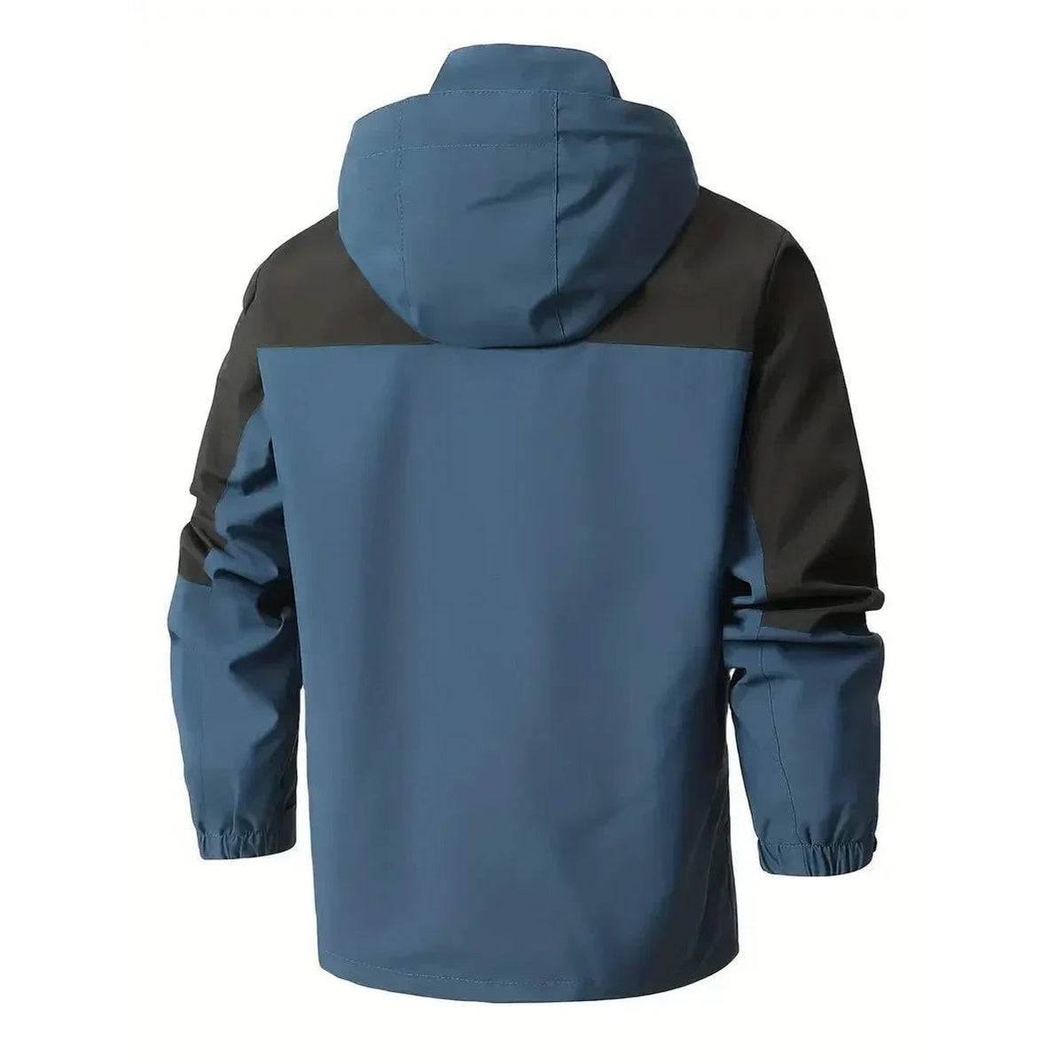 Blue rain jacket, back view