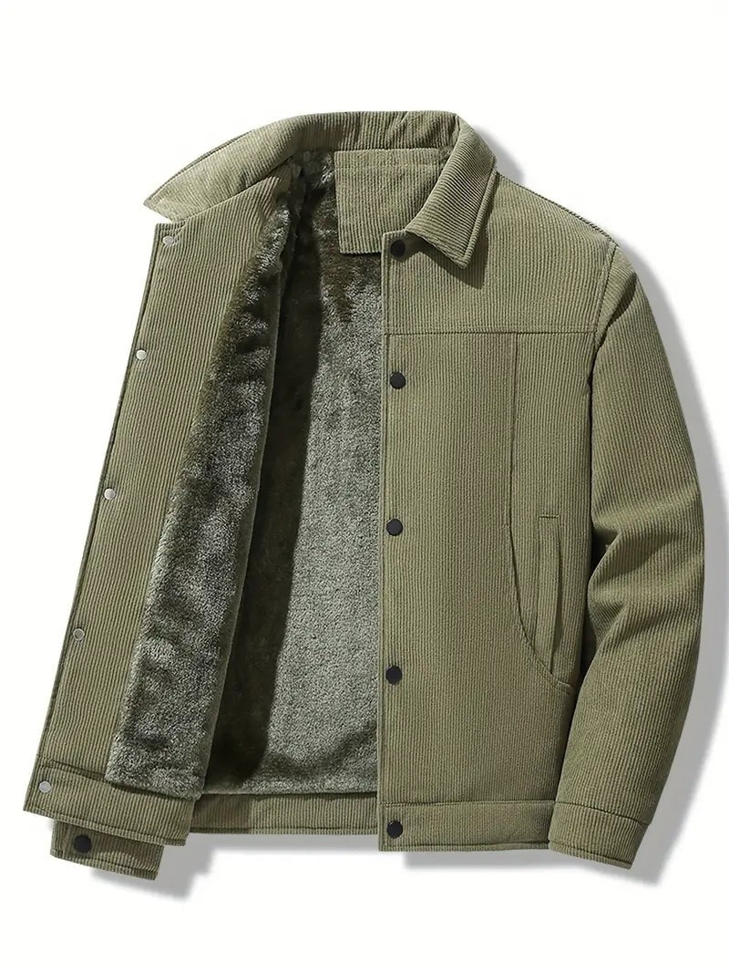 Men's fleece-lined corduroy jacket in olive