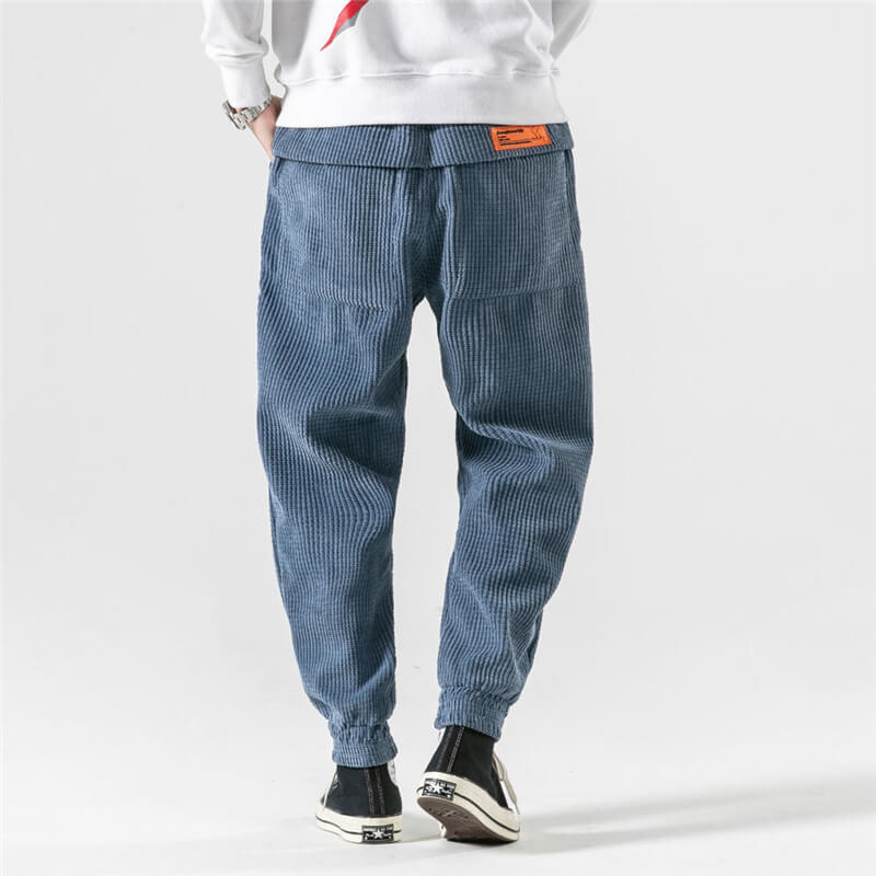 Back view of the blue corduroy trousers