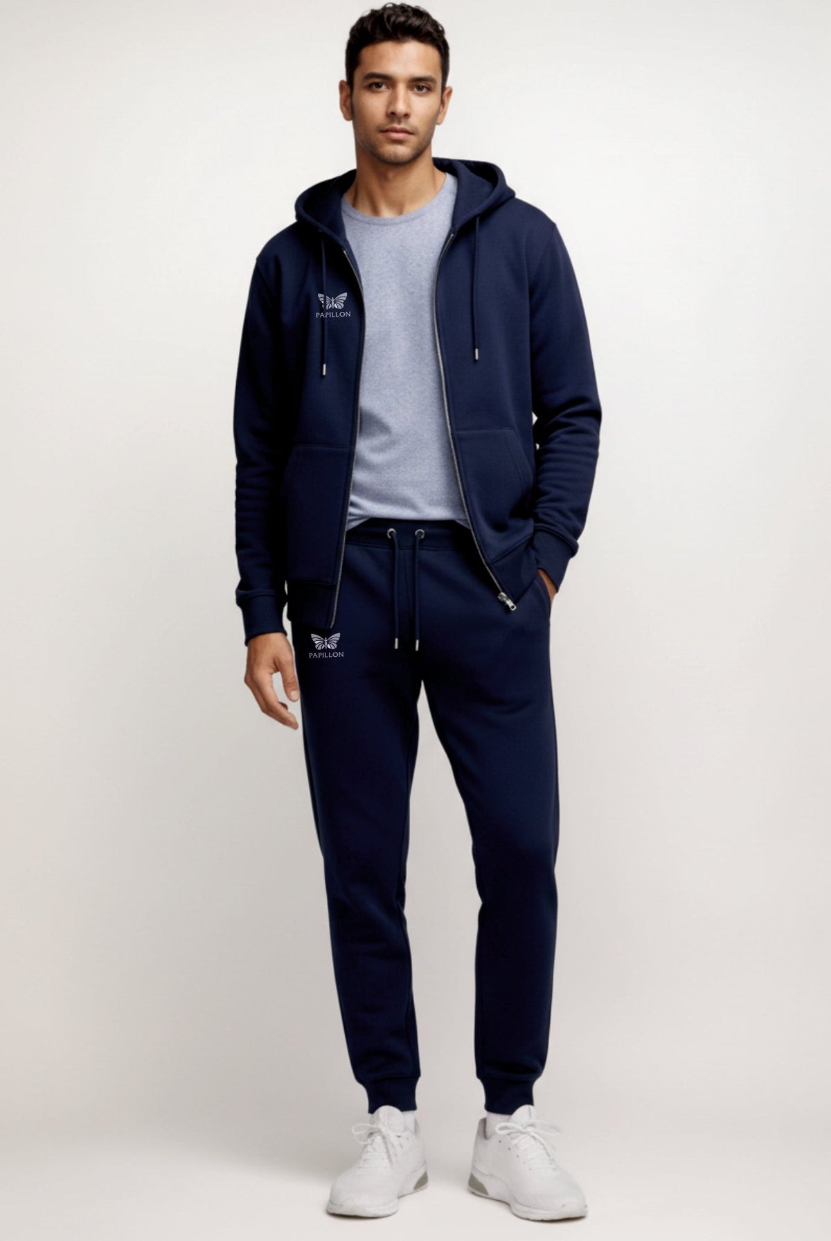 Man in a navy zip hoodie and joggers tracksuit, front view | Chaps London