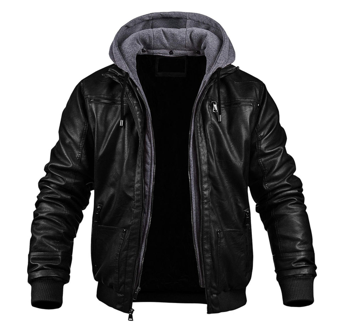 Black faux leather bomber jacket with grey hood, worn by man, unzipped | Chaps London