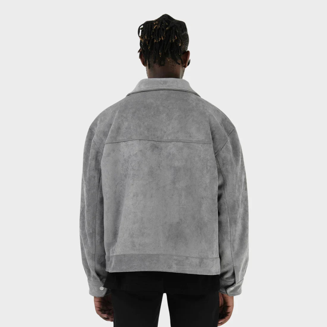 Back view of the grey faux suede jacket