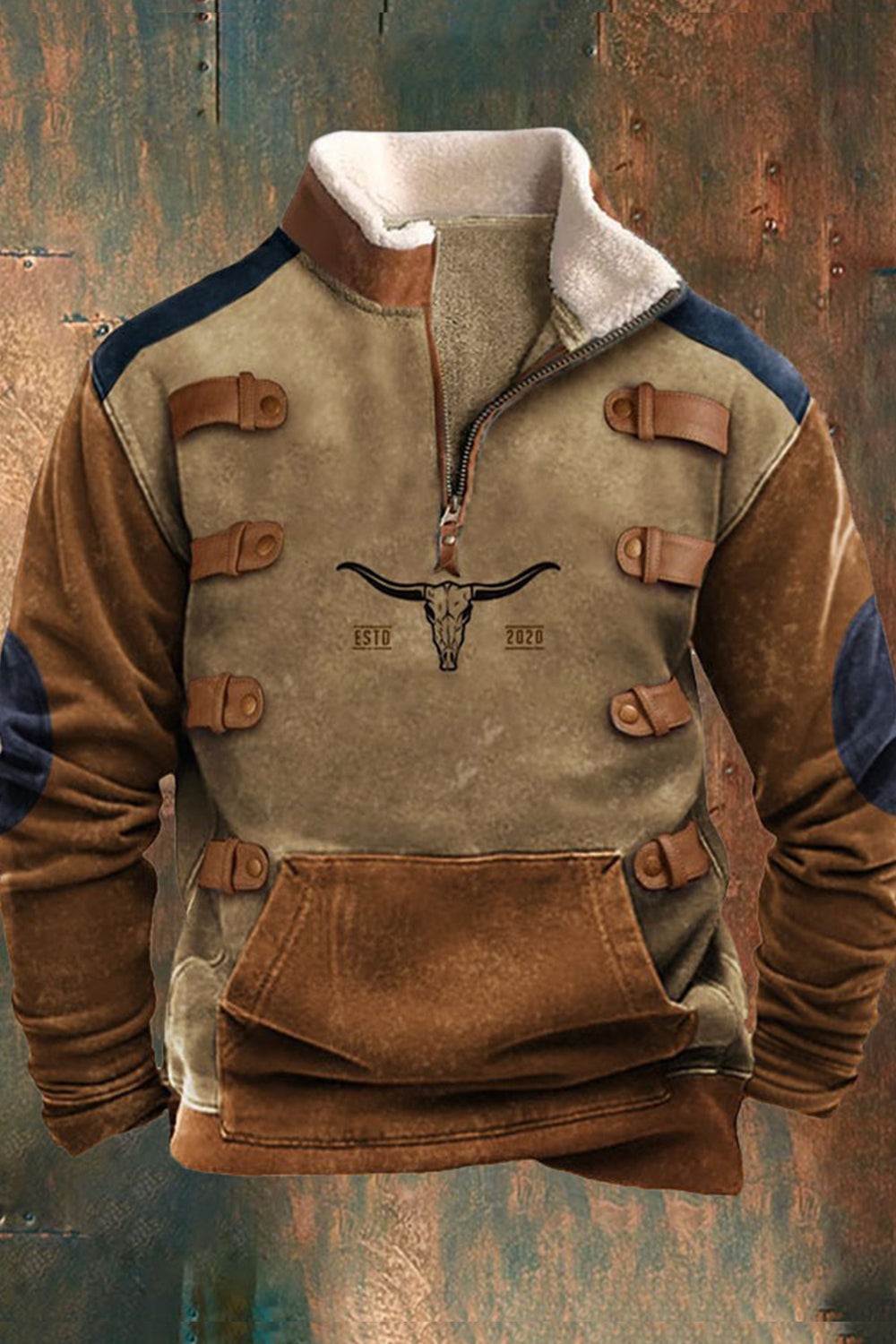 Men's half-zip fleece pullover in khaki with a sherpa collar and western print