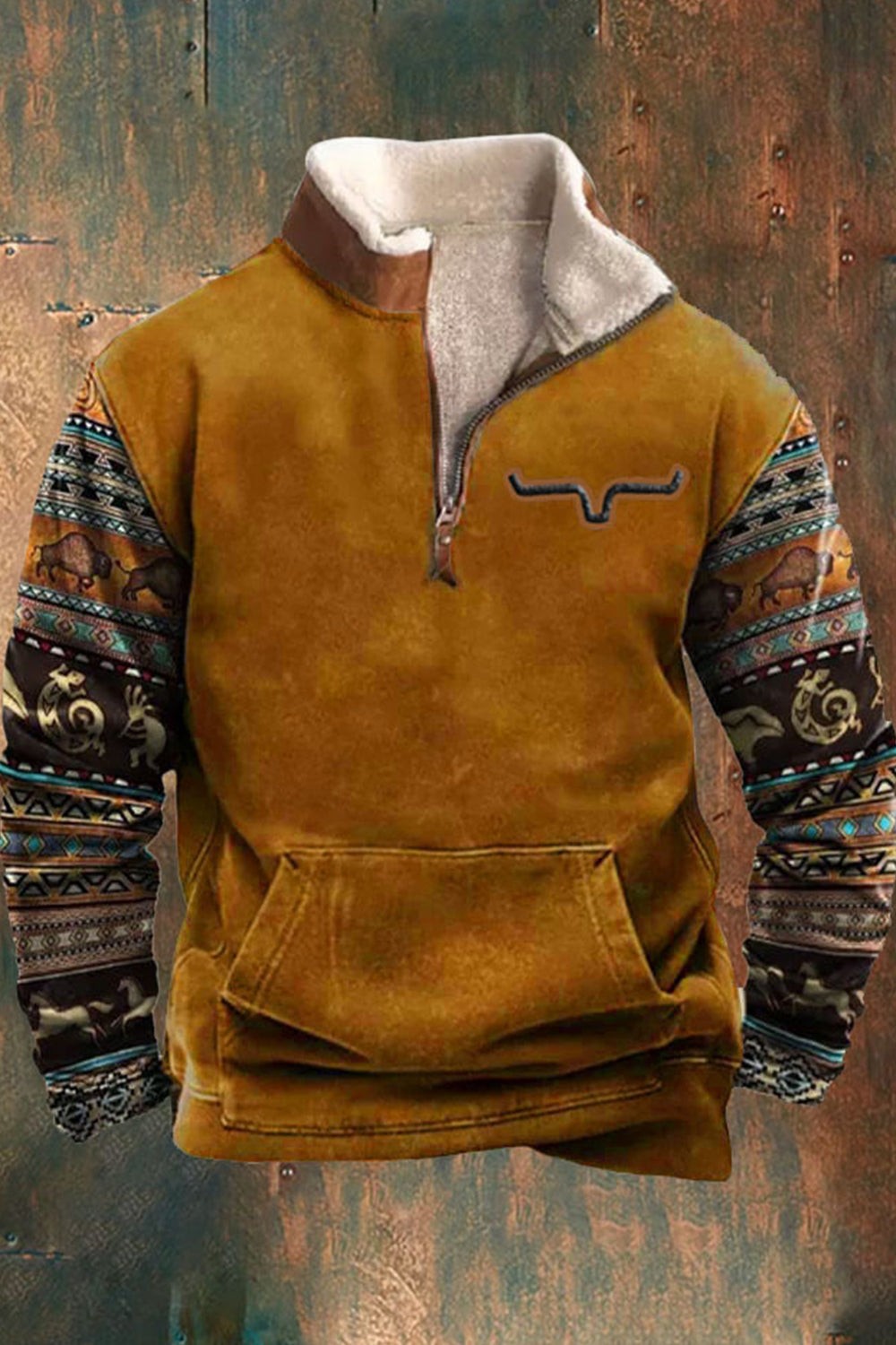 Men's half-zip fleece pullover in mustard with a sherpa collar and western print