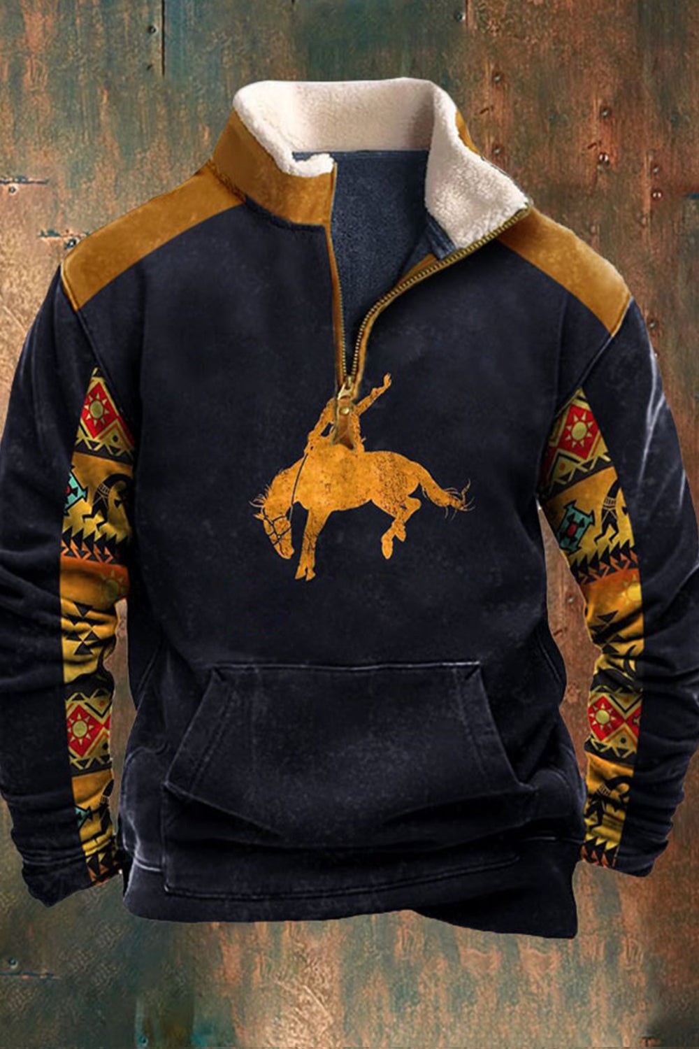 Men's half-zip fleece pullover in navy with a sherpa collar and western print
