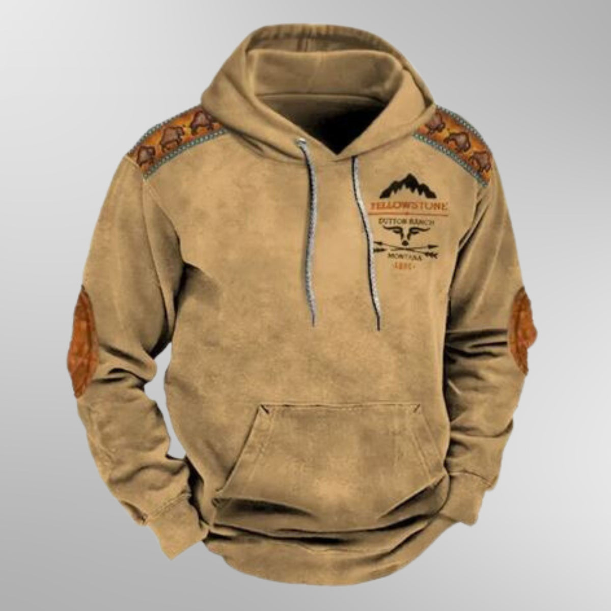 Men's tan hoodie with a chest print and patterned shoulders