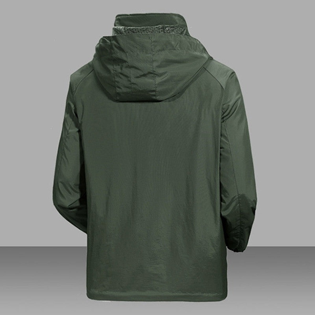 Green rain jacket, back view with hood