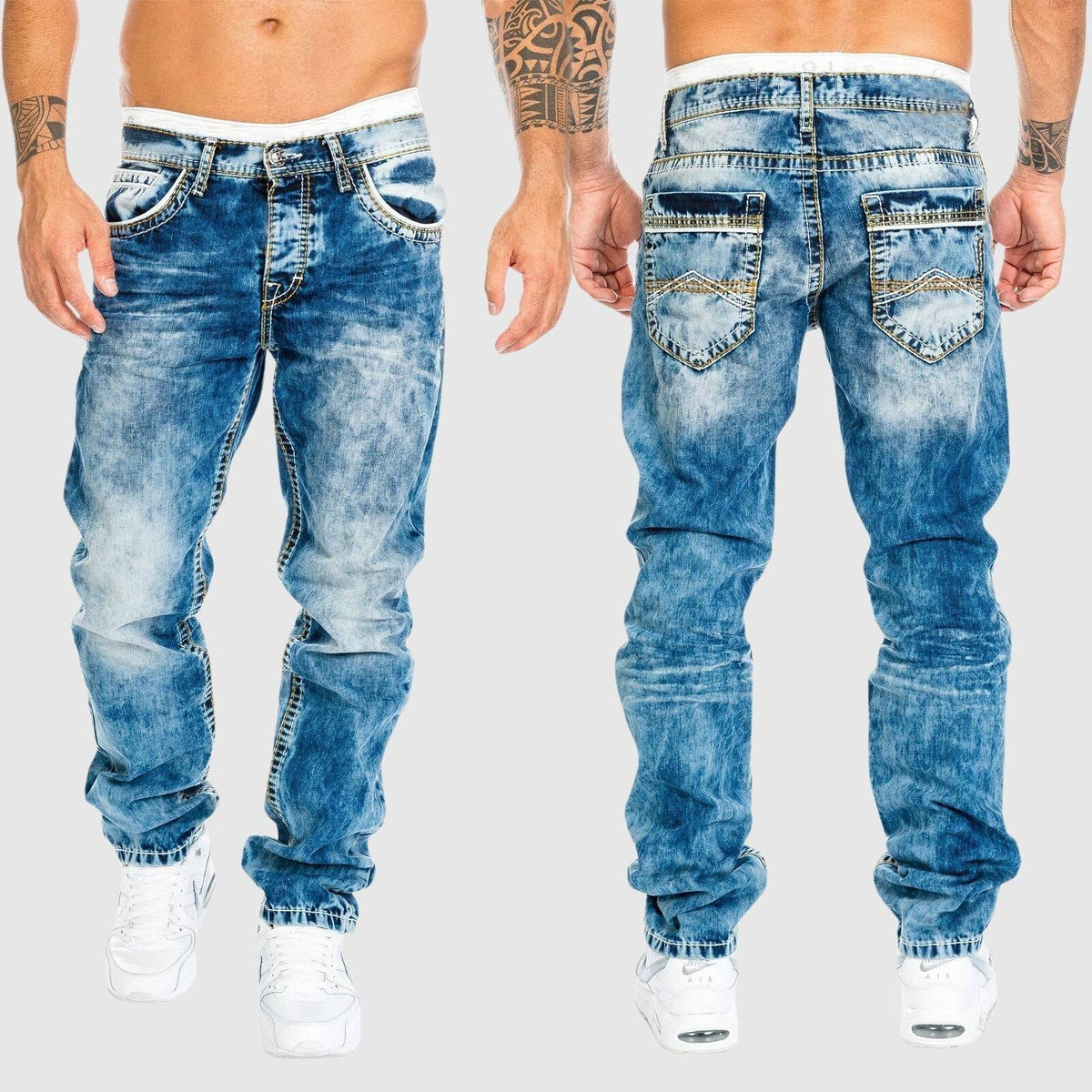 Men's straight leg jeans in a blue acid wash with contrast stitching, front and back view