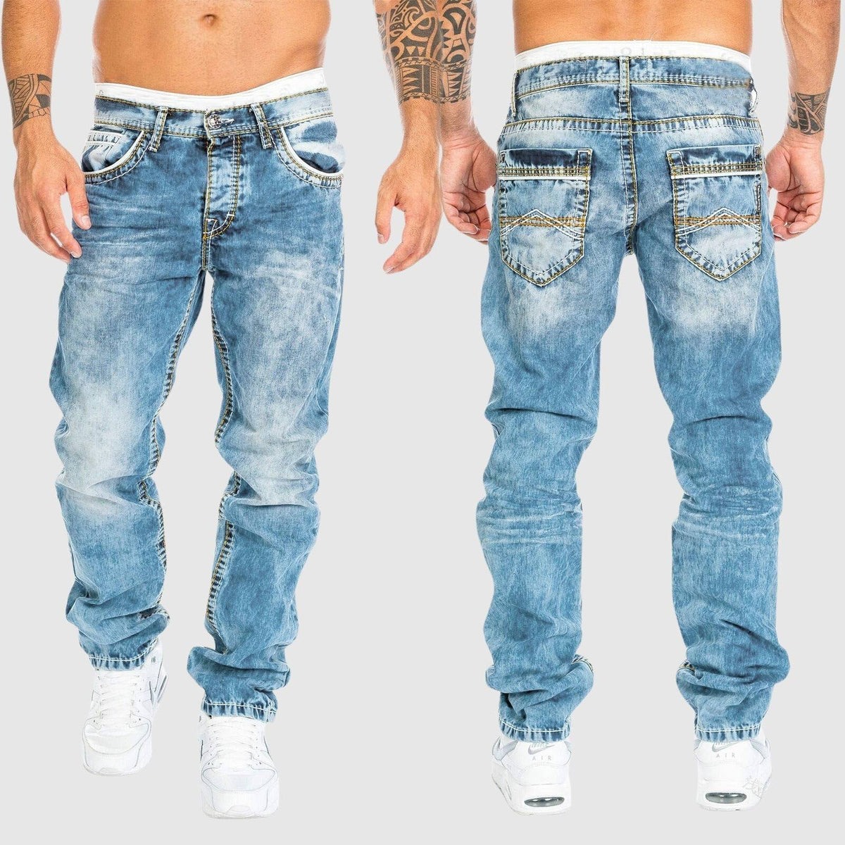 Men's light blue acid wash jeans with contrast stitching, front and back view