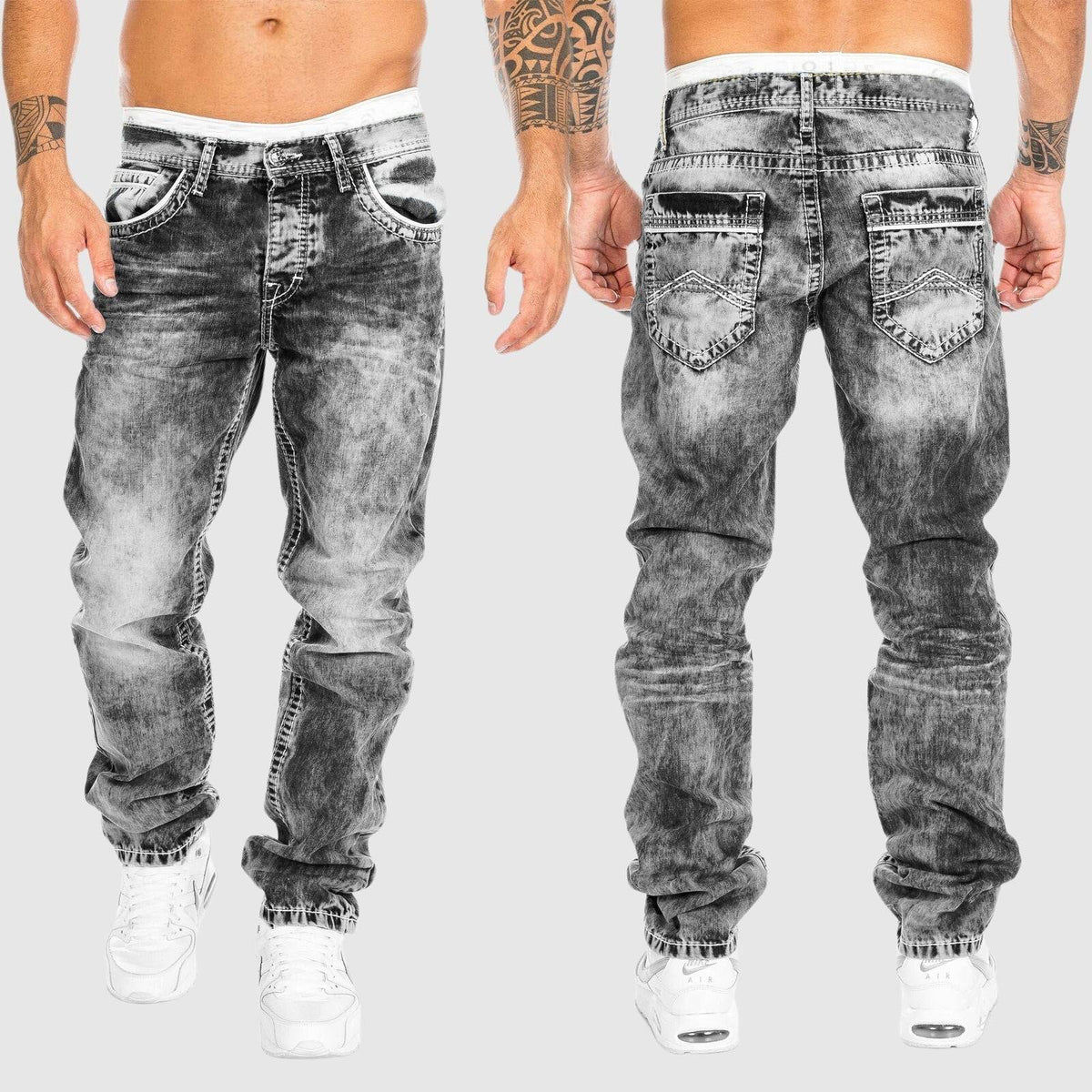 Men's grey acid wash jeans with contrast stitching, front and back view