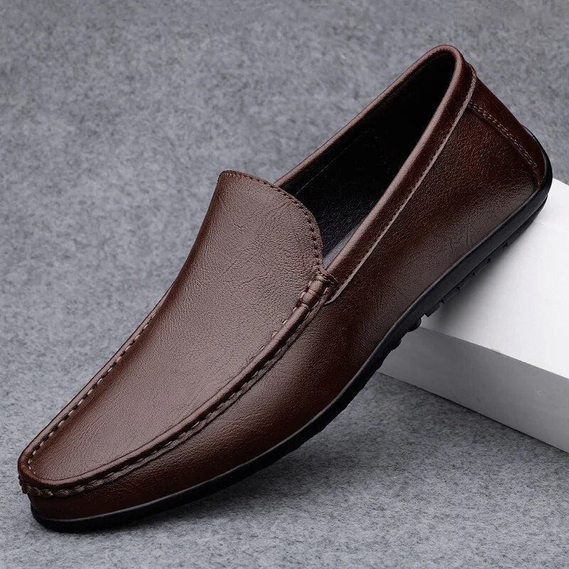Men's leather slip-on moccasin loafers in brown
