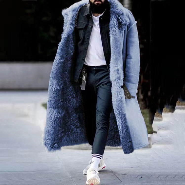 Man wearing long blue faux fur lined coat with wide collar outdoors | Chaps London